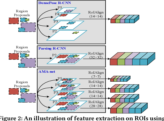 Figure 2: An illustration of feature extraction on ROIs using different methods. The top and middle demonstrate the existing methods: DensePose R-CNN and Parsing R-CNN. The bottom is our proposed AMA-net.