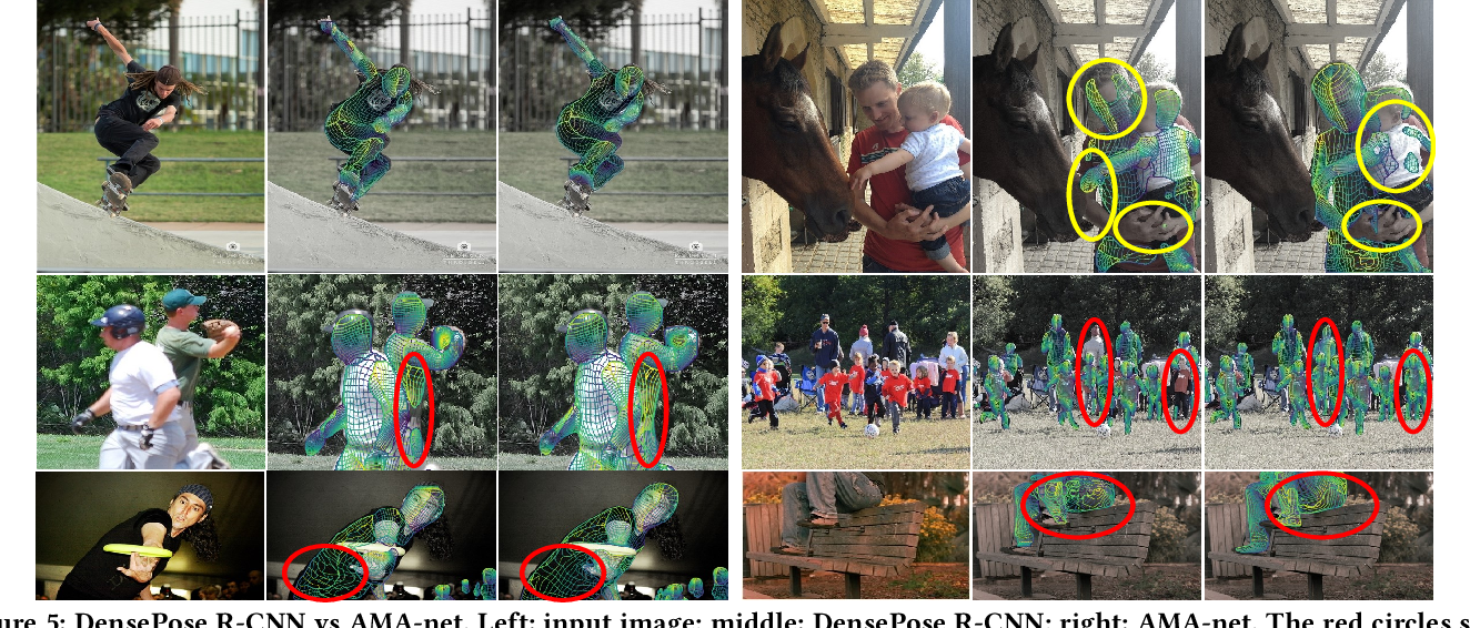 Figure 5: DensePose R-CNN vs AMA-net. Left: input image; middle: DensePose R-CNN; right: AMA-net. The red circles spot the difference between the DensePose R-CNN and AMA-net estimation. The yellow circles mark the positions where both methods fail to estimate UV coordinates.